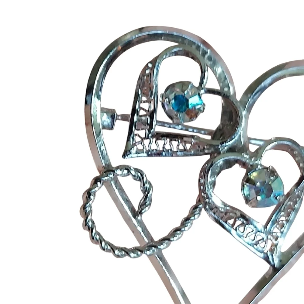 Vintage Sterling Silver Aurora Borealis Filigree Heart Brooch Pin